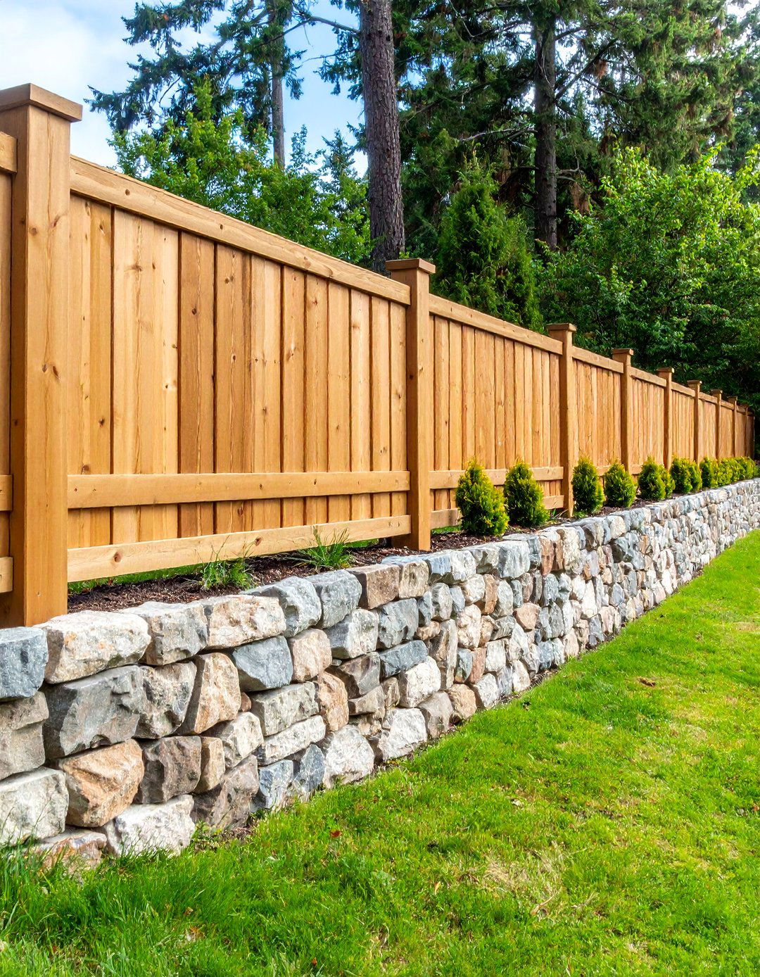 Cedar Fence Built on Retaining Wall - 25 Cedar Fence Ideas