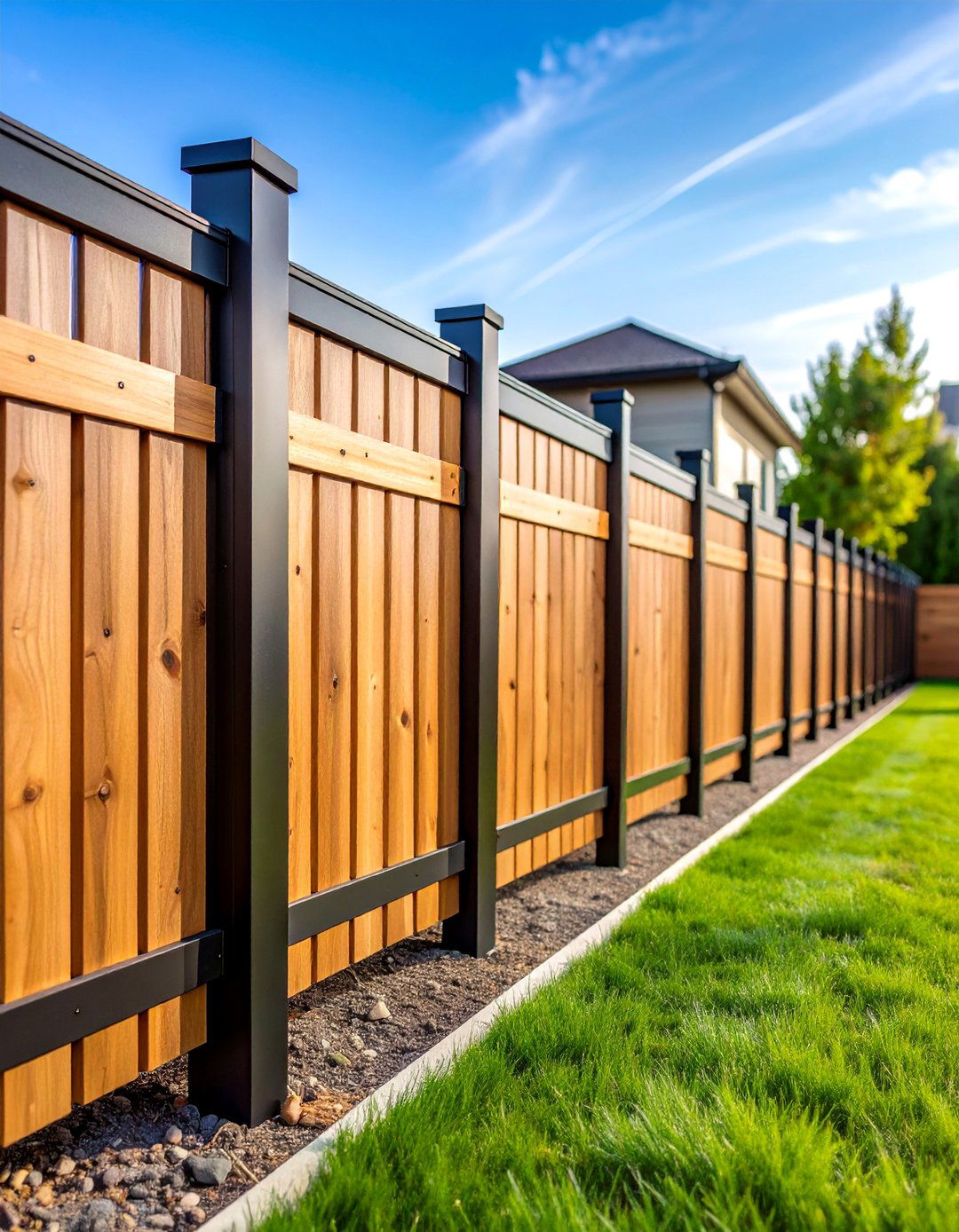 Cedar Fence with Exposed Metal Posts - 25 Wood Fence Ideas
