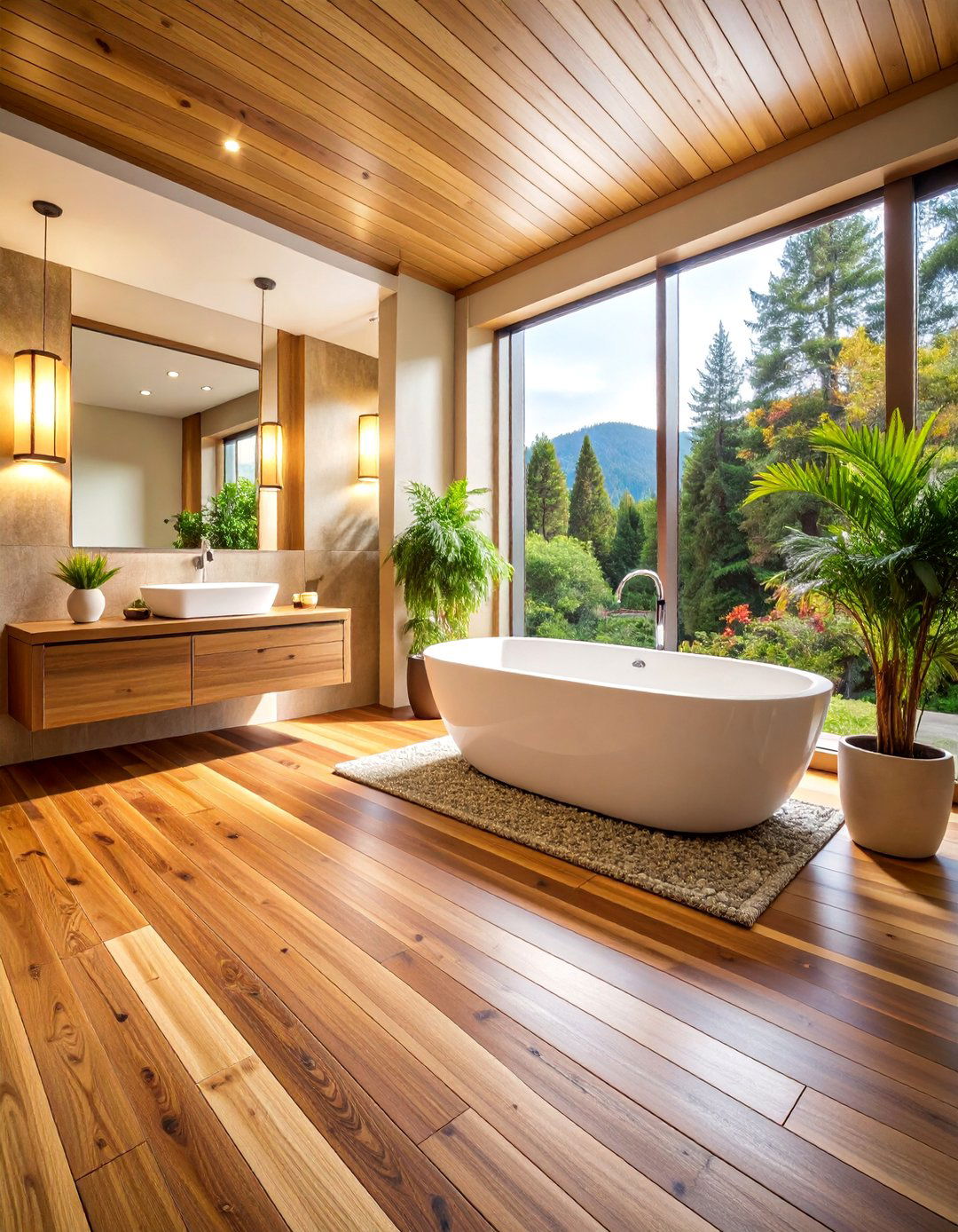 Cedar Wood Floor with Natural Oil for Spa Like Bathrooms - 25 Wood Floor Design Ideas