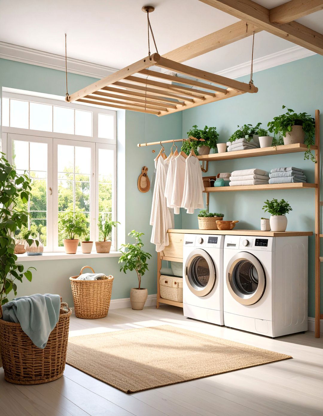 Ceiling Mounted Victorian Style Clothes Airer with Rope System - 25 Laundry Room Drying Rack Ideas