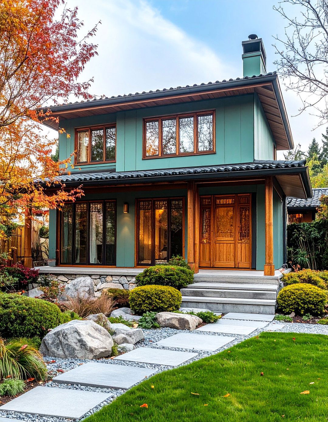 Celadon Green Asian Inspired with Natural Elements - 25 Green Exterior House Paint Ideas