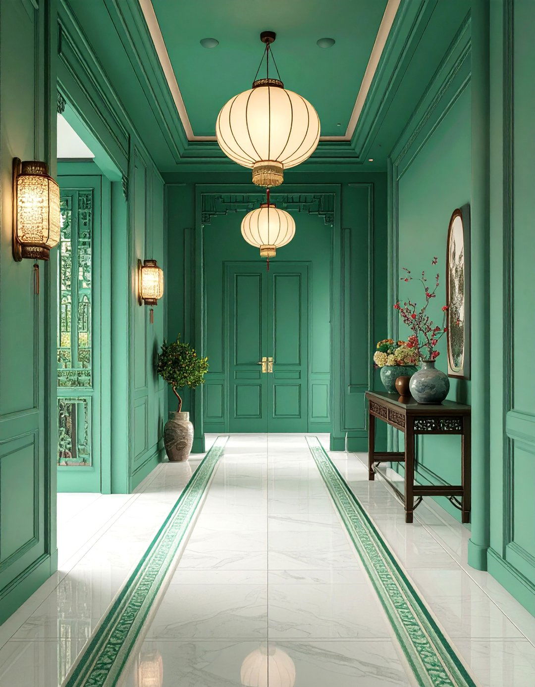 Celadon Green Hallway with Asian Porcelain Elegance - 25 Green Hallway Ideas
