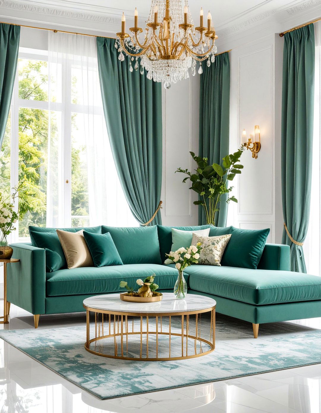 Celadon Green and Soft Gold Transitional Living Room - 25 Green and Gold Living Room Ideas