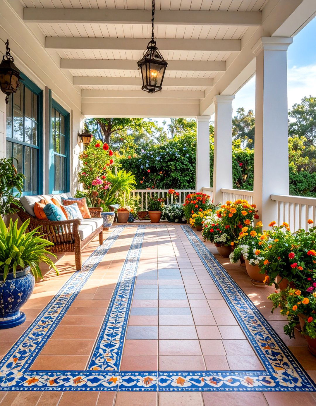 Ceramic Front Porch Tiles with Decorative Borders - 25 Front Porch Tile Ideas
