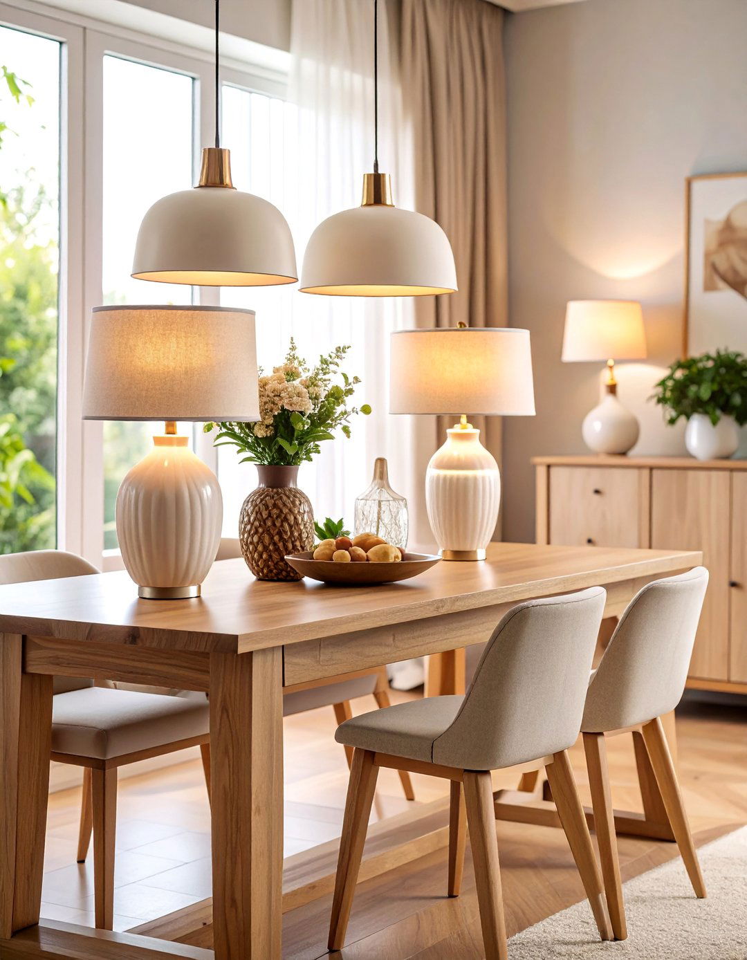 Ceramic Table Lamps on Buffet Console - 25 Transitional Dining Room Ideas