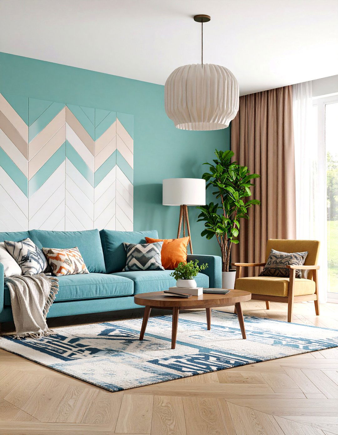 Ceramic Tile Accent Wall with Geometric Pattern - 25 Living Room Accent Wall Ideas