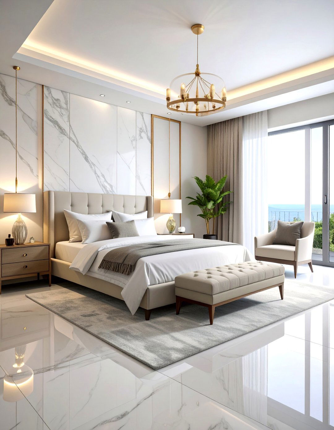 Ceramic Tile Bedroom with Marble Look Finish - 25 Bedroom Flooring Ideas