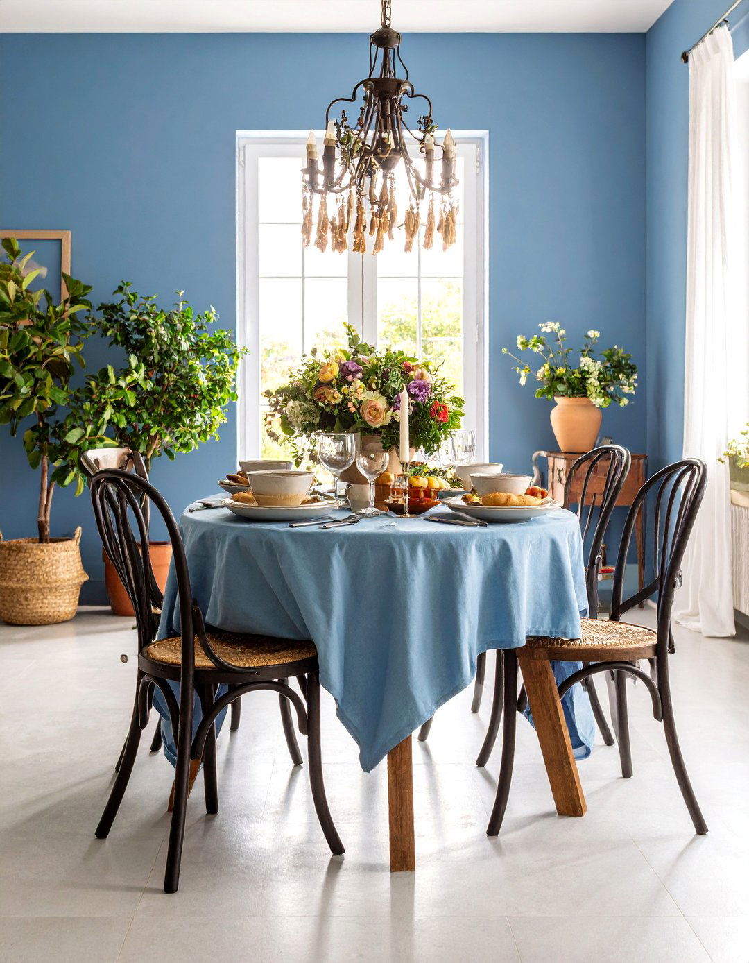 Cerulean Blue Mediterranean Dining Room with Rustic Elements - 25 Blue Dining Room Ideas