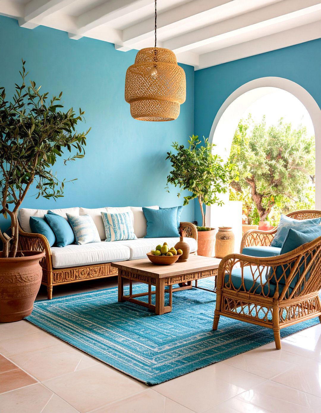 Cerulean Blue Mediterranean Living Room with Terra Cotta Elements - 25 Blue Living Room Ideas