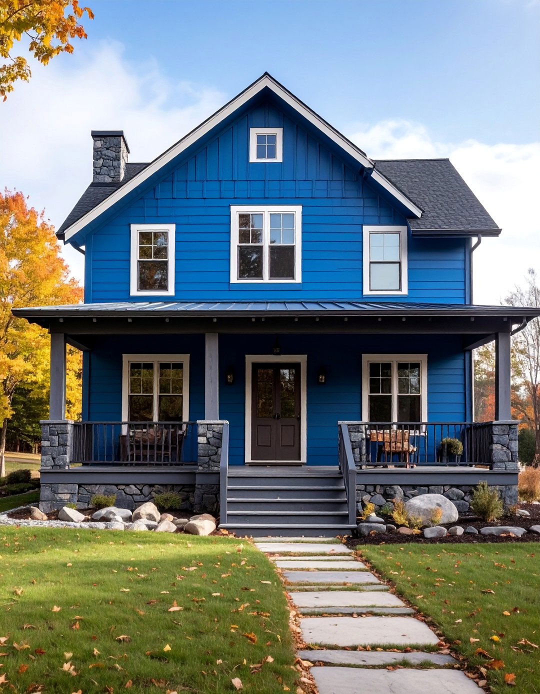 Cerulean Blue Rustic with Black Stone Accents - 25 Blue House With Black Trim Ideas