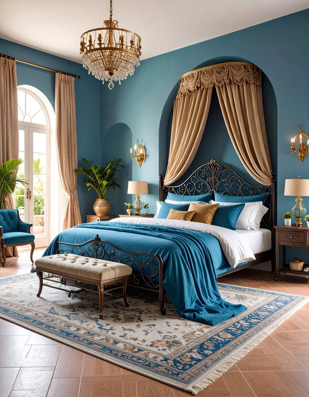 Cerulean Blue and Warm Gold Mediterranean Bedroom - 25 Blue and Gold Bedroom Ideas