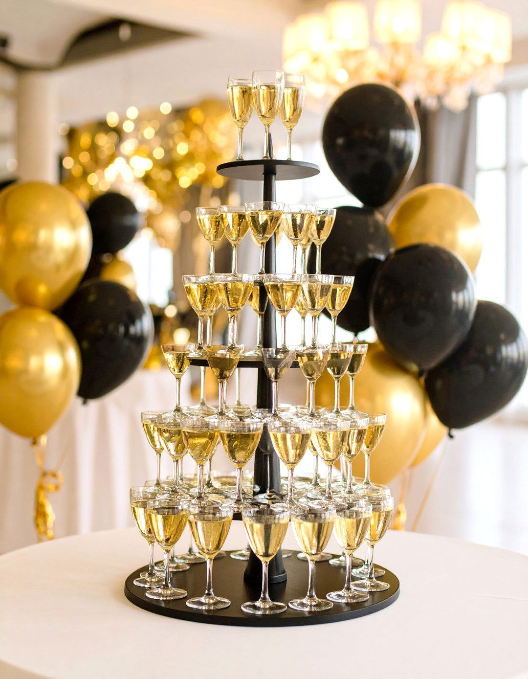 Champagne Celebration Tower - 25 Black and Gold Centerpiece Ideas