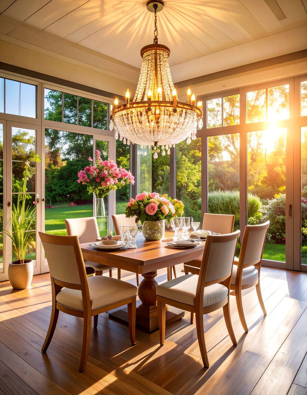 Chandelier Focused Sunroom Dining Room with Dramatic Lighting - 25 Sunroom Dining Room Ideas