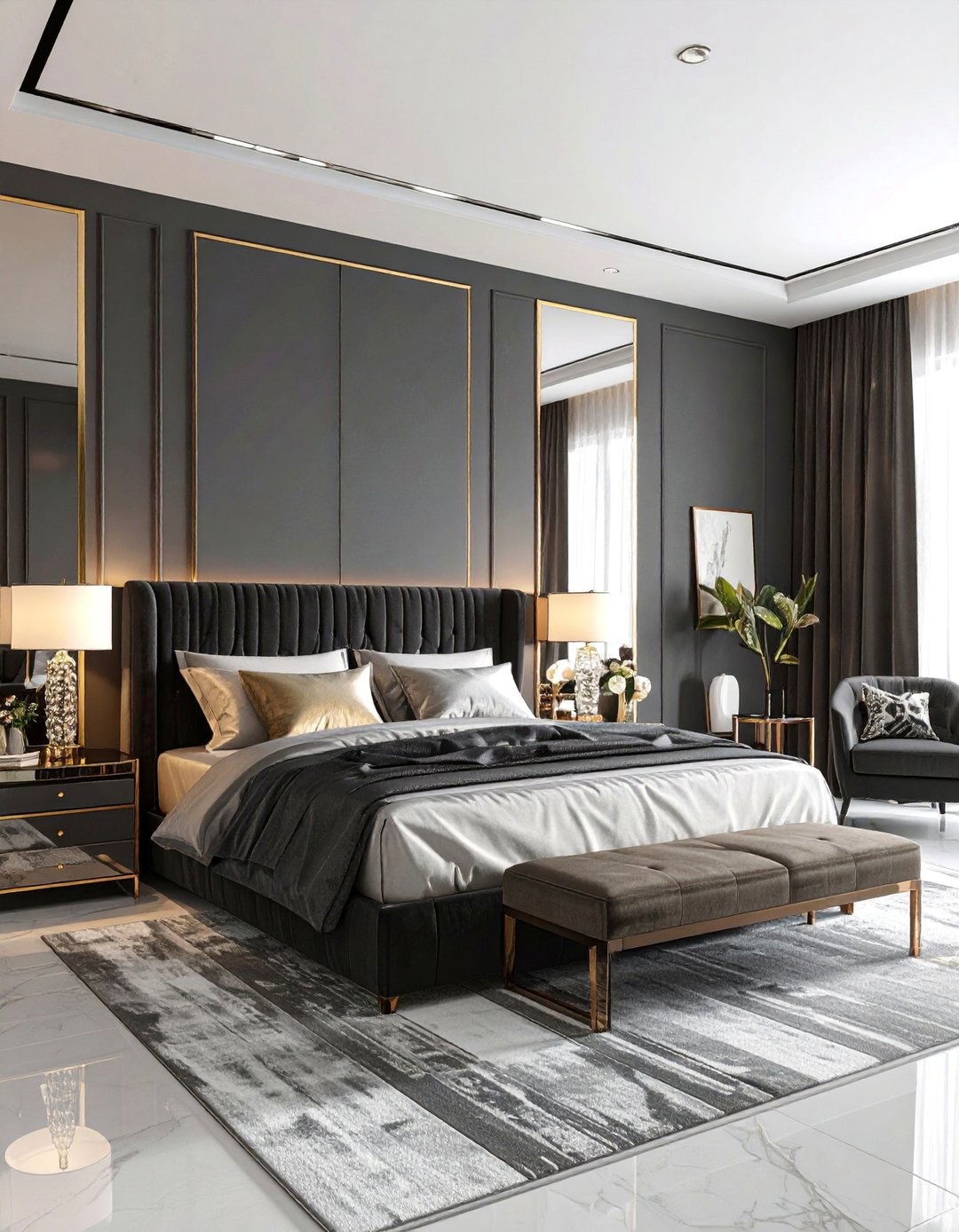 Charcoal Bedroom with Mirrored Accents - 25 Charcoal Bedroom Ideas