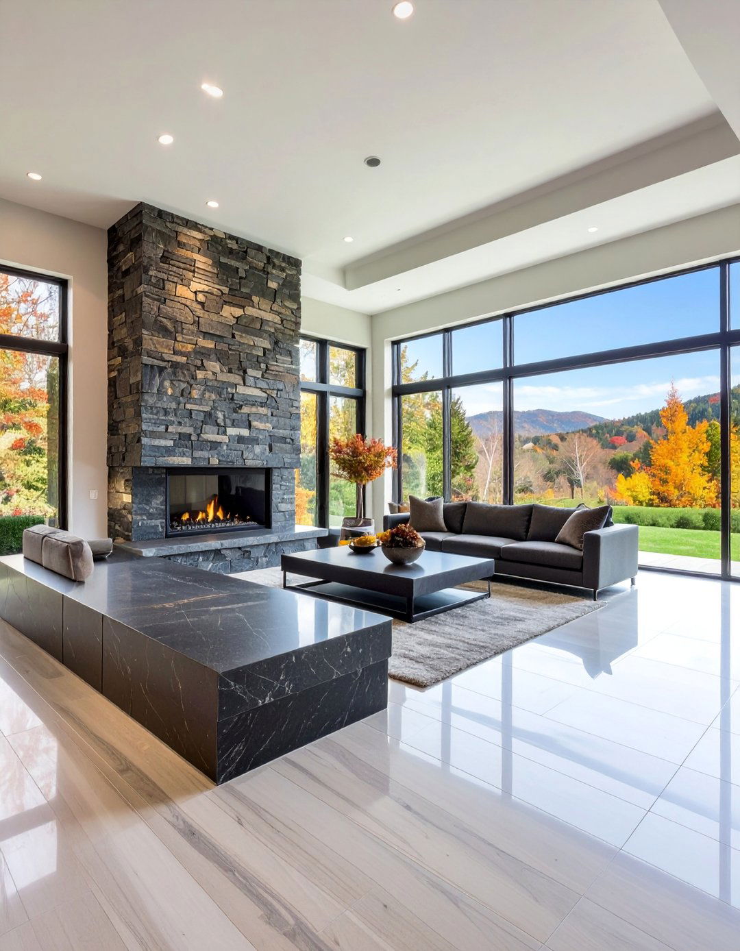 Charcoal Black Quartzite Linear Fireplace - 25 Black Stone Fireplace Ideas