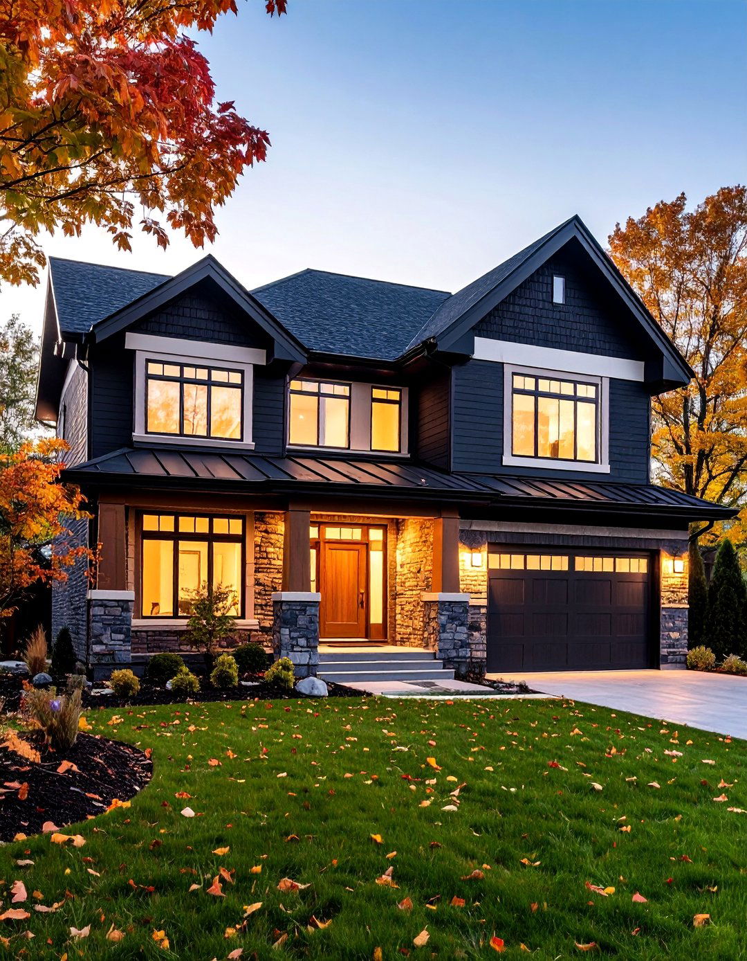 Charcoal Brick with Warm White and Copper Details - 25 Exterior Brick and Paint Color Combinations