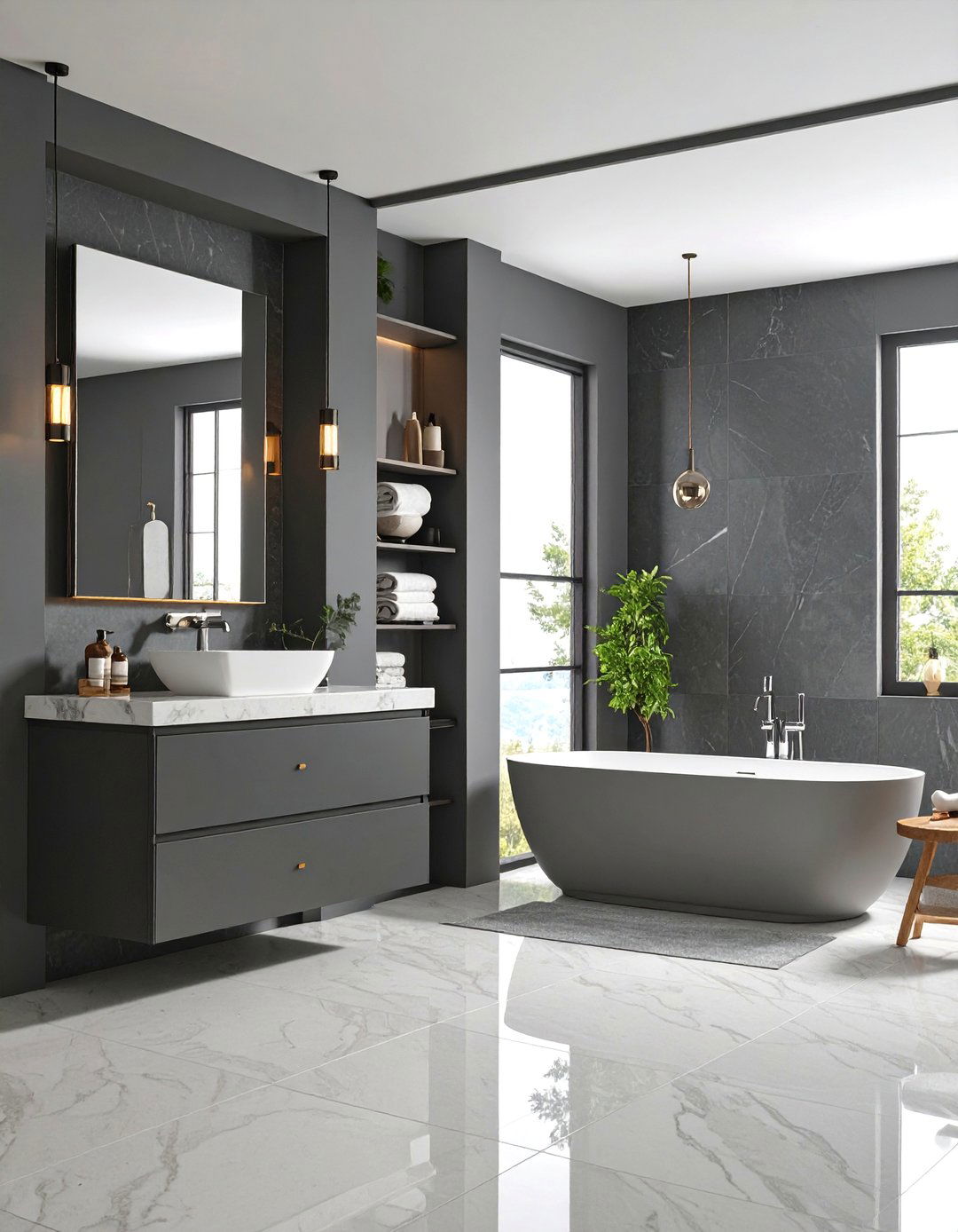 Charcoal Gray Bathroom with White Marble - 25 Bathroom Color Ideas