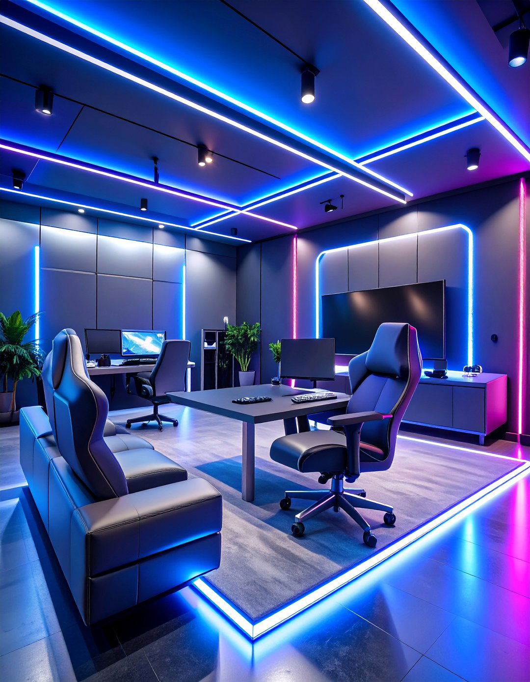 Charcoal Gray Gaming Den with Neon Accents - 25 Game Room Paint Ideas