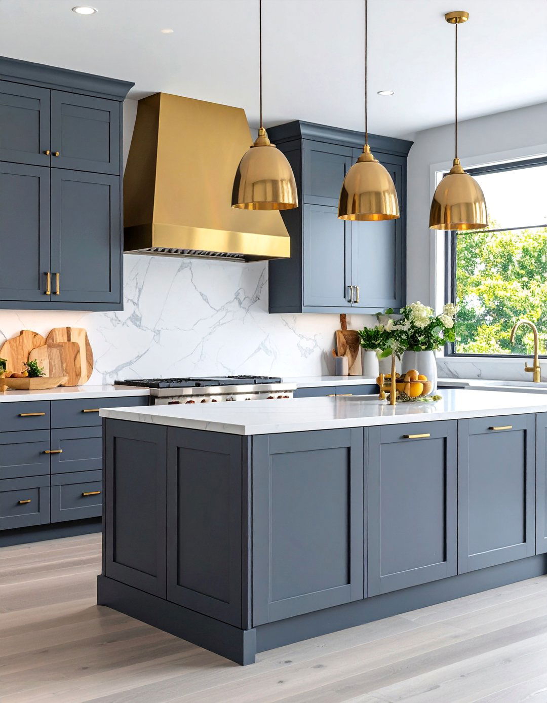 Charcoal Gray Kitchen with Brass Range Hood and Statement Lighting - 25 Gray Kitchens