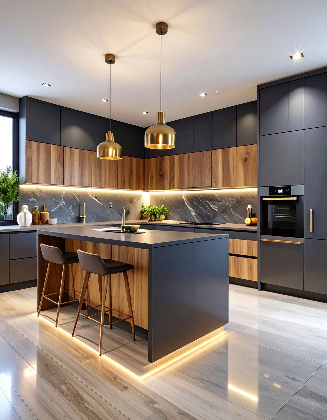 Charcoal Gray Kitchen with Warm Wood Appliance Panels - 25 Kitchen With Colored Appliances Ideas