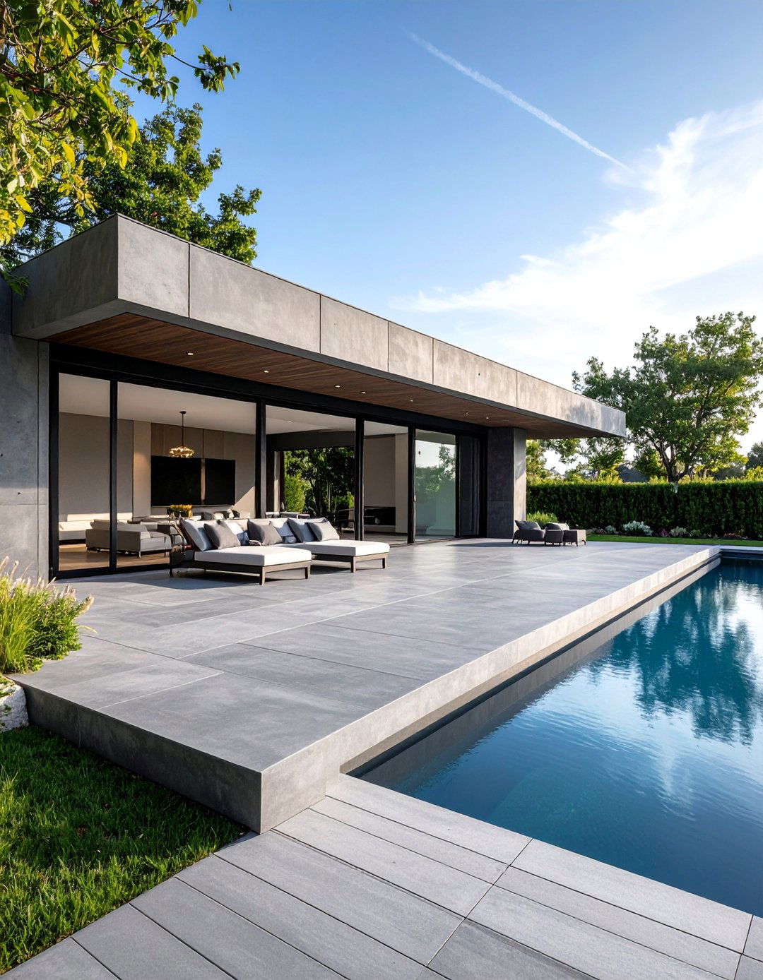 Charcoal Gray Modern Concrete Deck - 25 Concrete Pool Deck Ideas