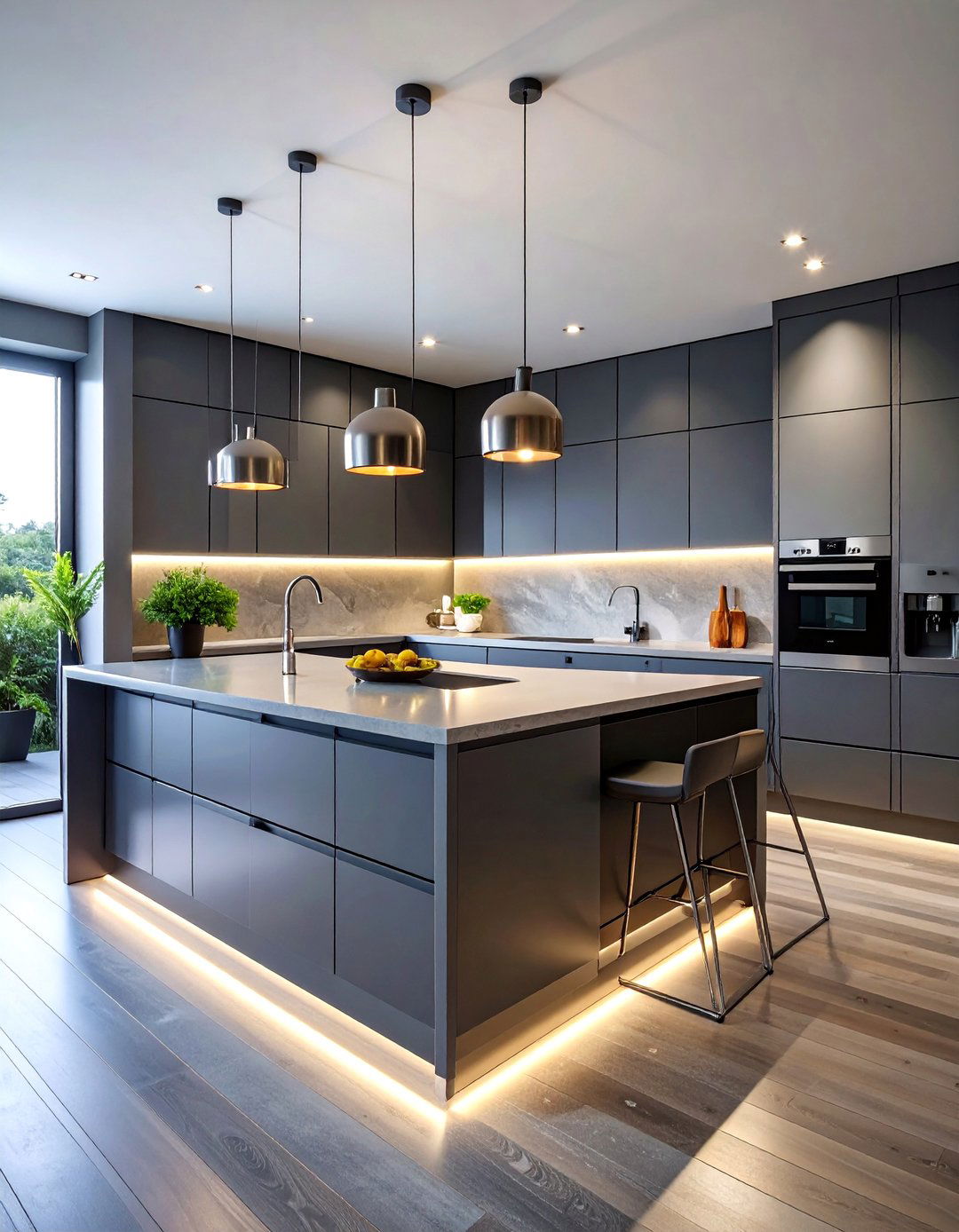 Charcoal Gray Modern Kitchen with Quartz Waterfall Island - 25 Gray Kitchens