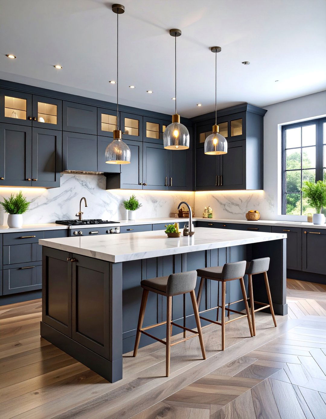 Charcoal Gray Shiplap Kitchen Island with Marble Countertops - 25 Shiplap Kitchen Island Ideas
