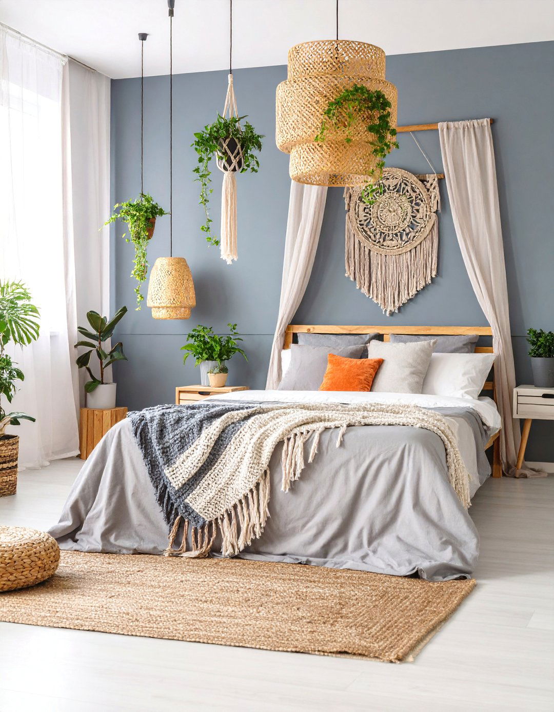 Charcoal Grey Boho Sanctuary with Hanging Plants - 25 Grey Boho Bedroom Ideas