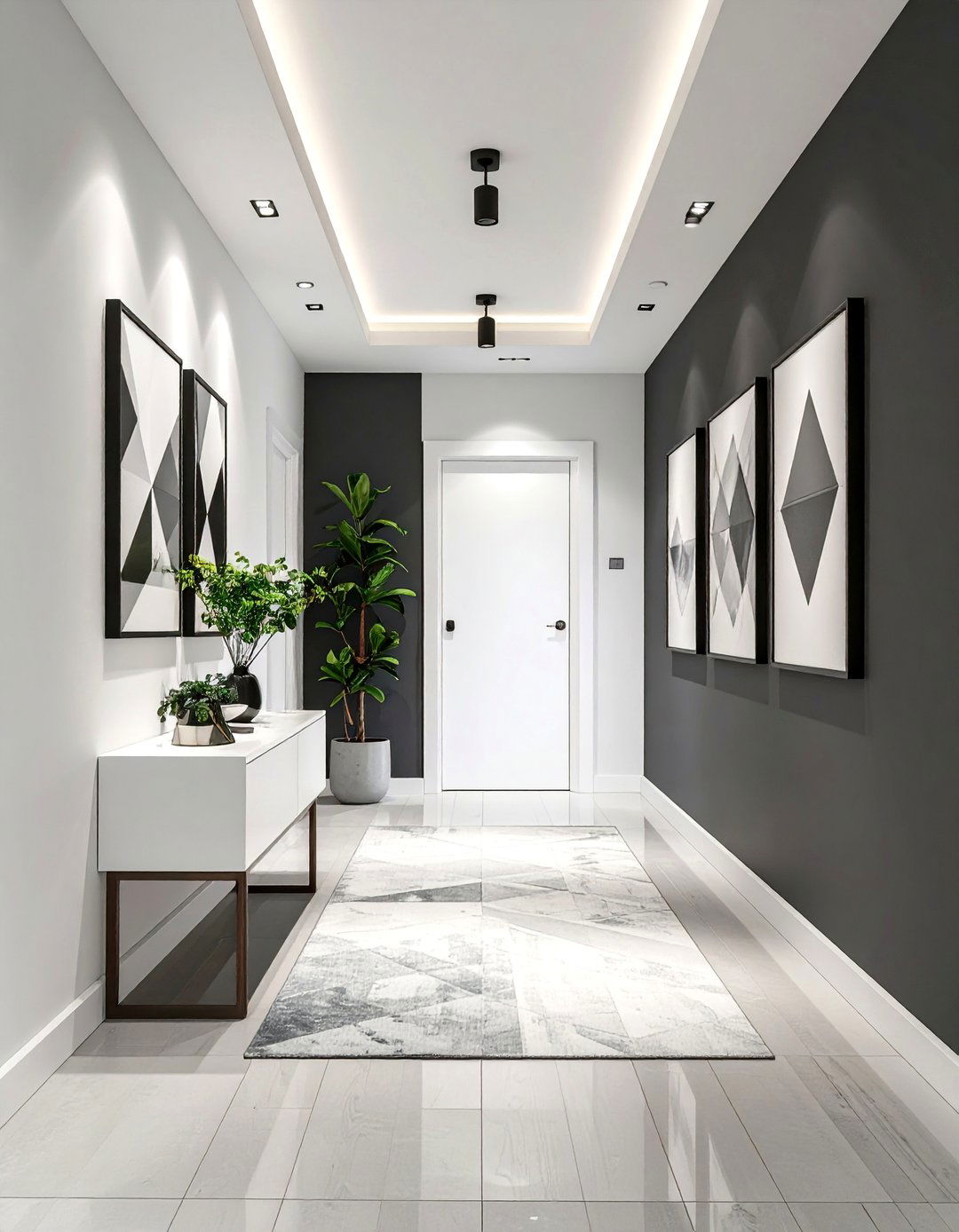 Charcoal Grey Minimalist Gallery Wall - 25 Dark Hallway Ideas