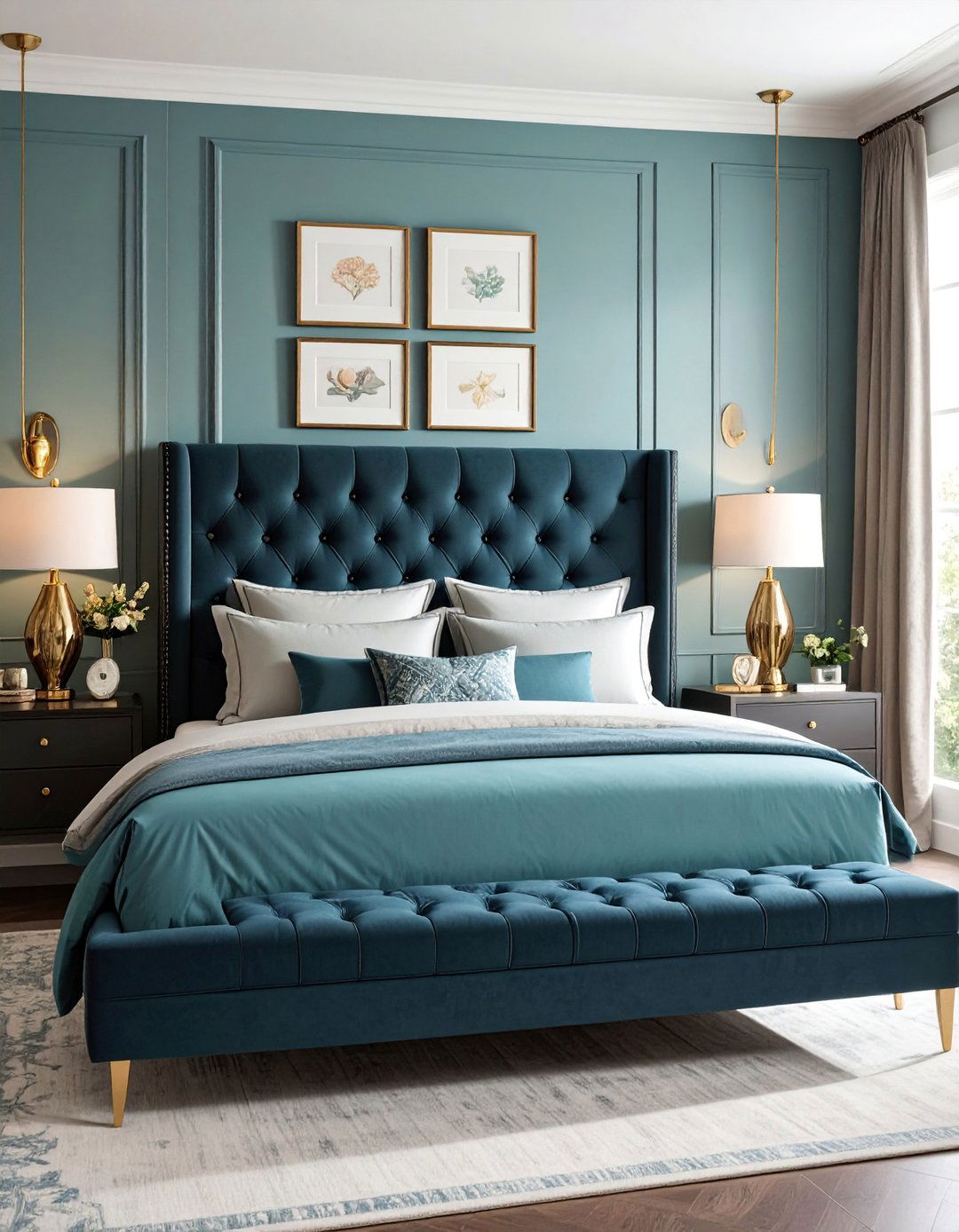 Charcoal Upholstered Headboard with Gallery Wall - 25 Charcoal Bedroom Ideas