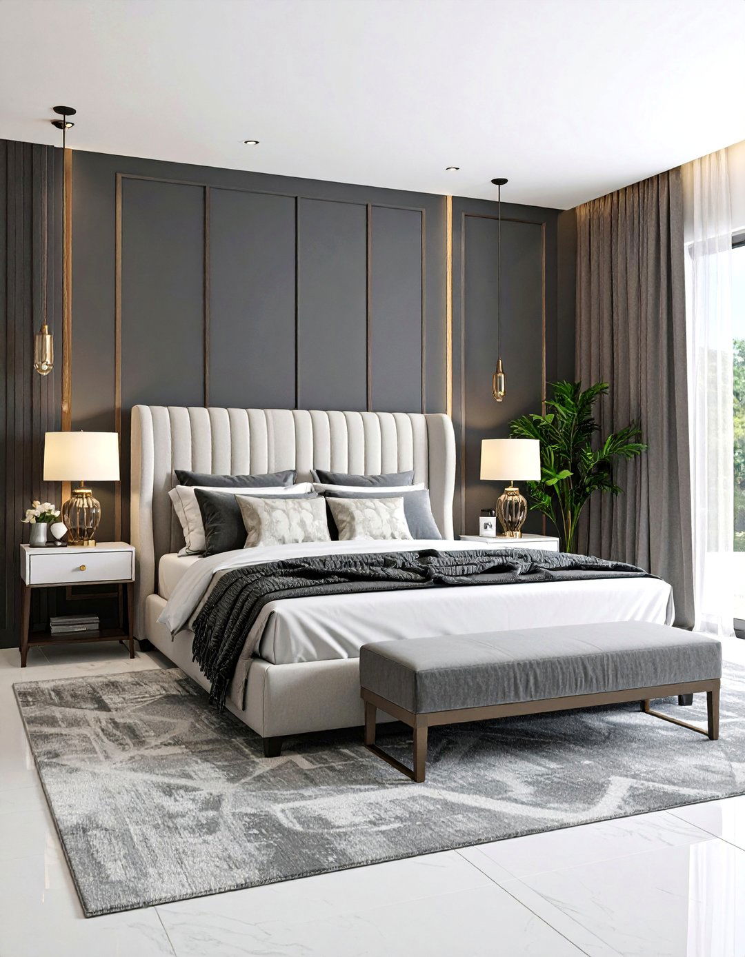 Charcoal Wallpaper Feature Wall with Patterns - 25 Charcoal Bedroom Ideas