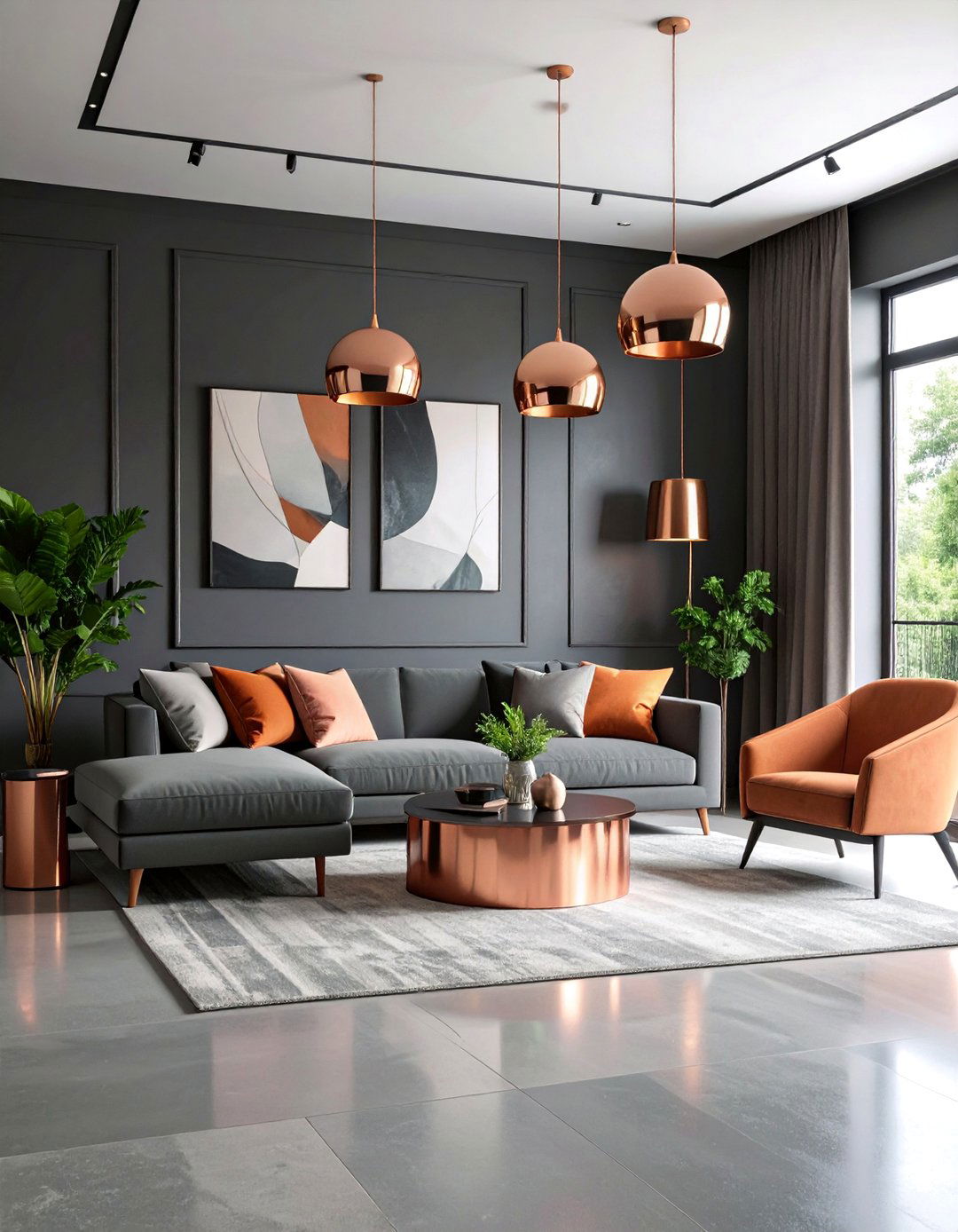 Charcoal and Copper Modern Living Room - 25 Moody Living Room Ideas