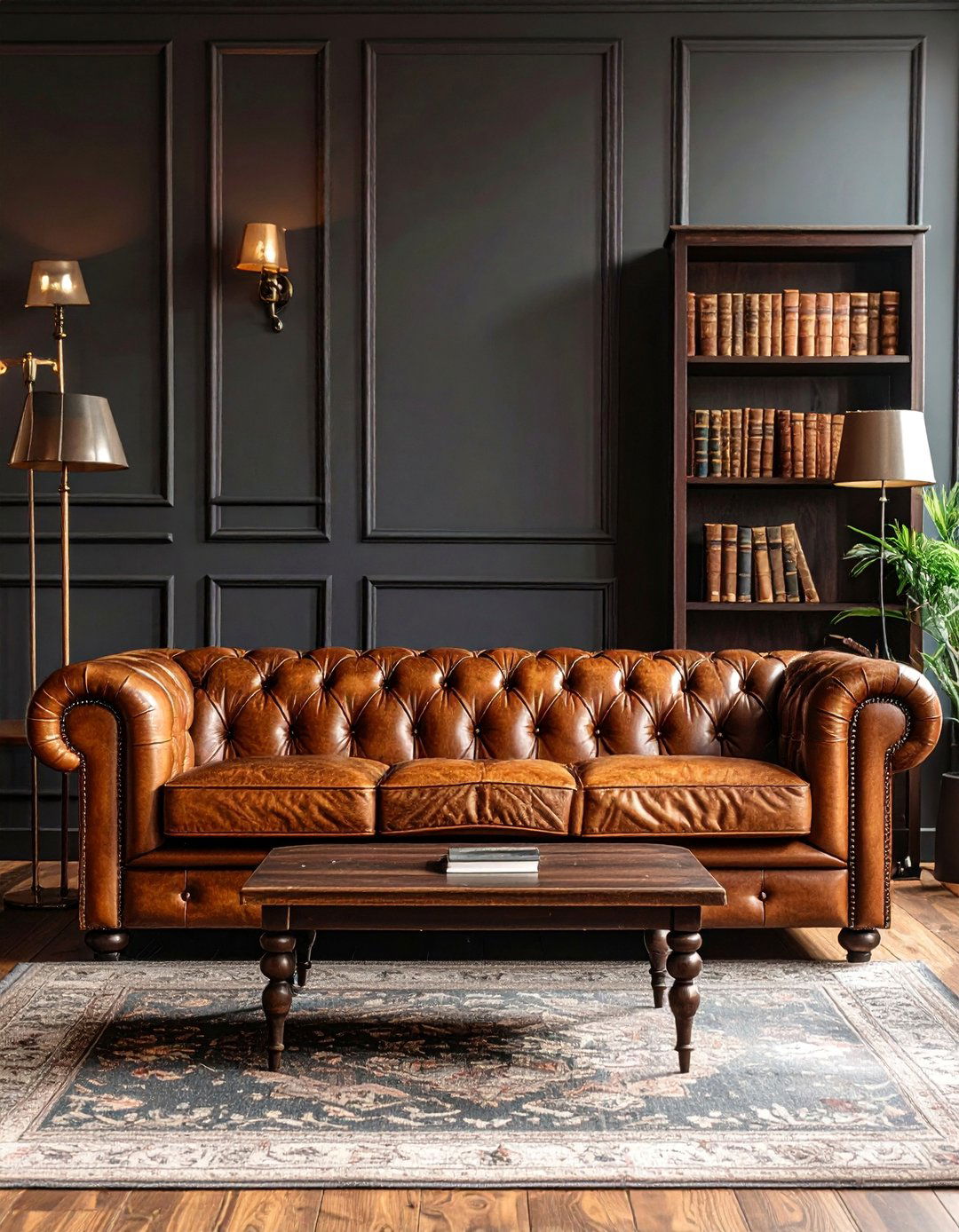 Charcoal and Leather Masculine Living Room - 25 Moody Living Room Ideas