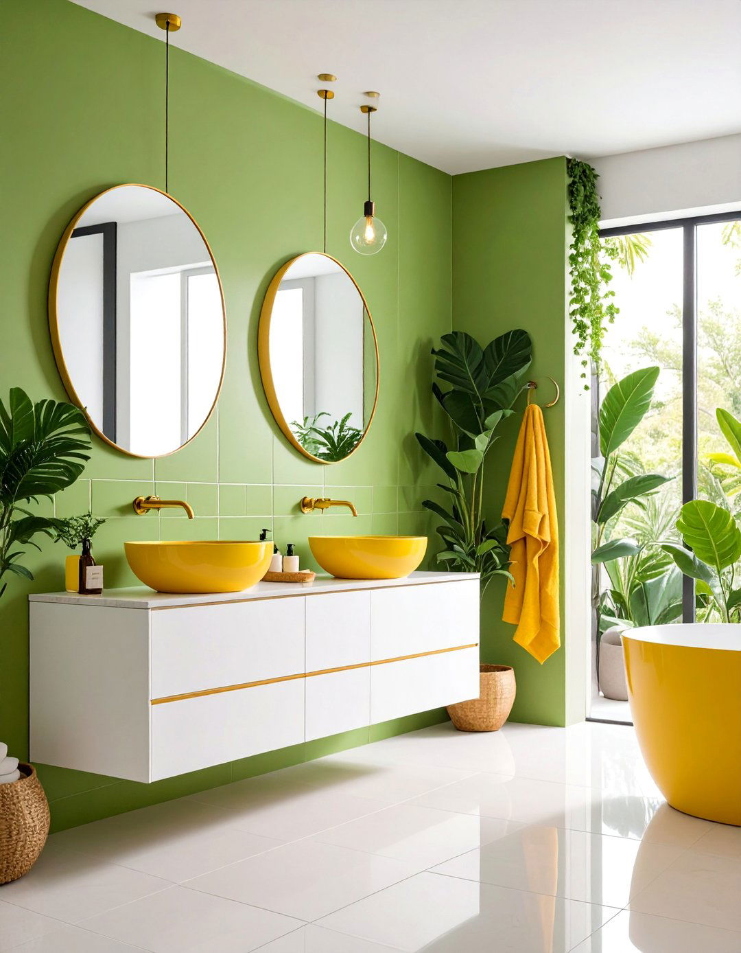 Chartreuse Green Accent Wall with Cream and Yellow Details - 25 Yellow and Green Bathroom Ideas