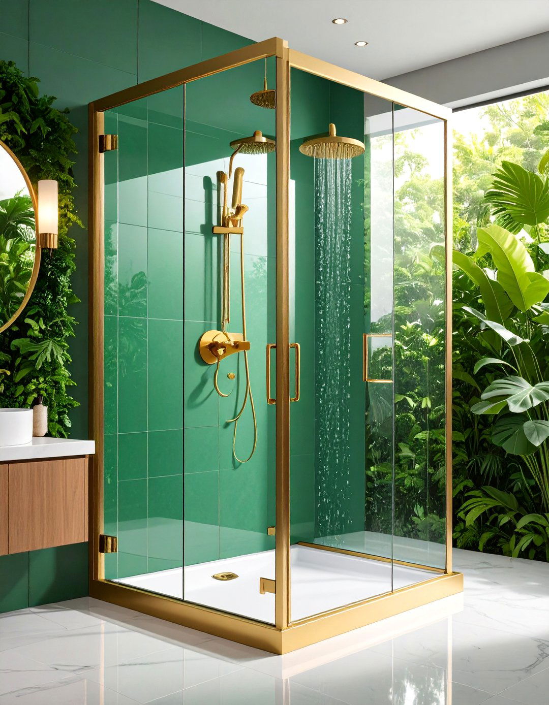 Chartreuse Green Glass Shower with Gold Frame - 25 Green and Gold Bathroom Ideas