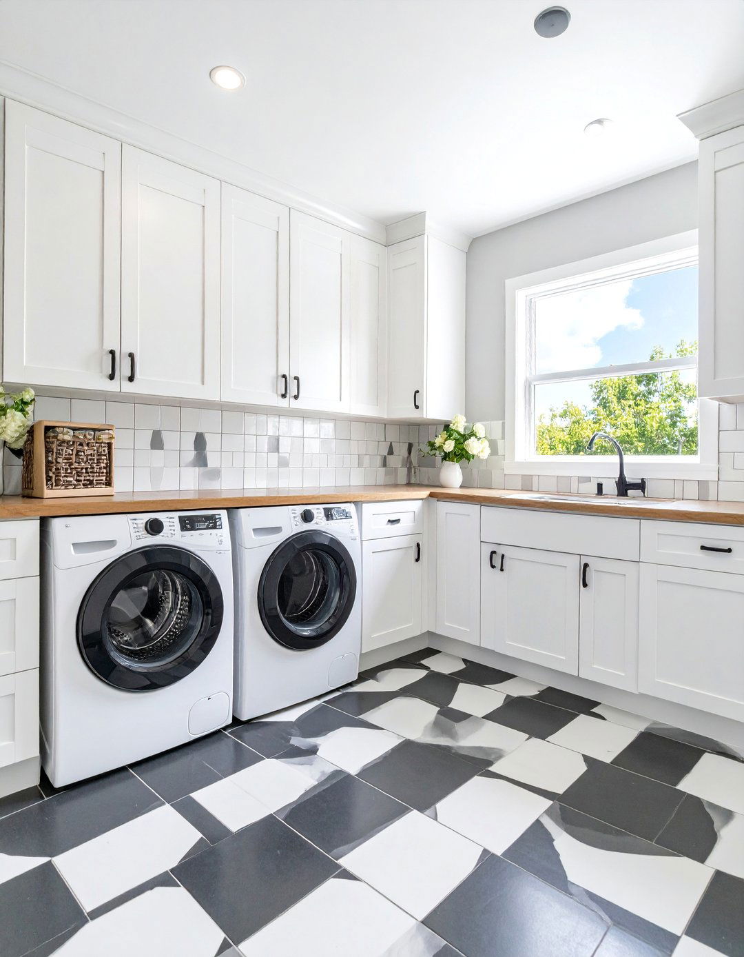 Checkerboard Backsplash with Solid Cabinets - 25 Black and White Laundry Room Ideas