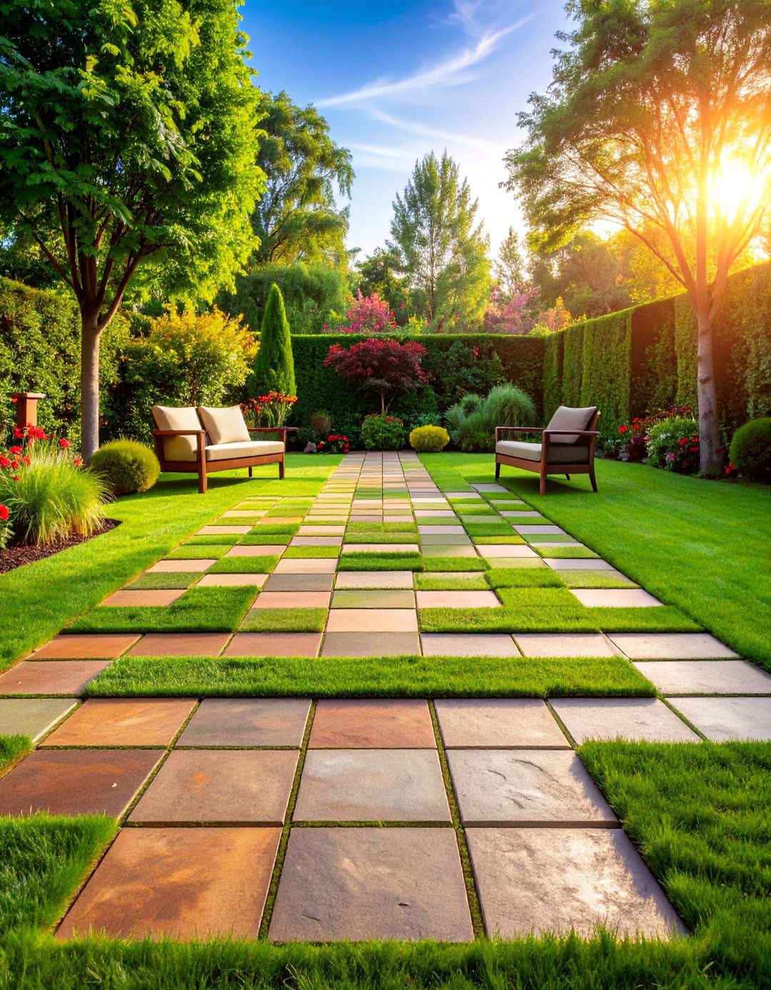 Checkerboard Brick and Grass Patio - 25 Brick Patio Ideas