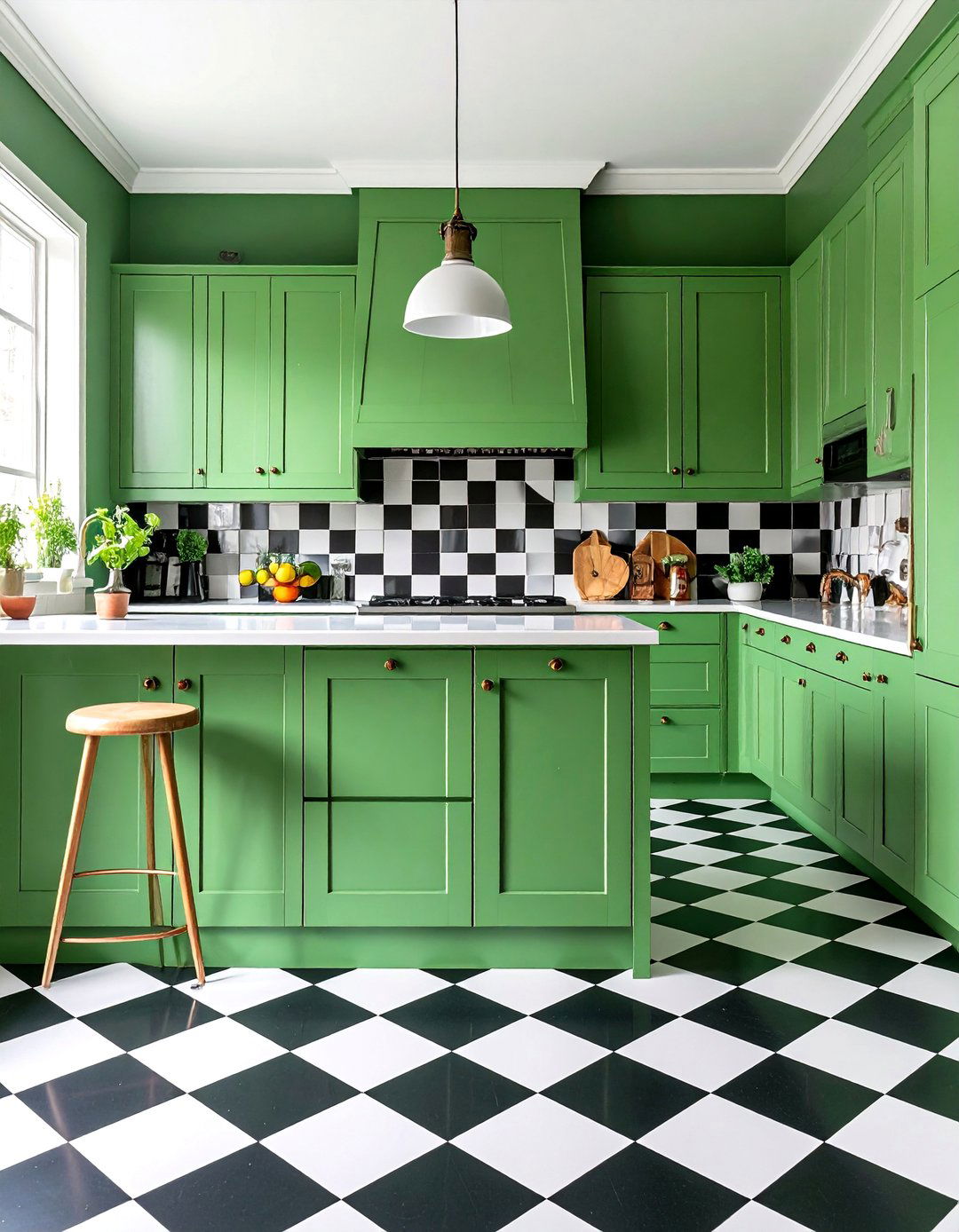 Checkerboard Floor Pattern with Sage Green Vintage Cabinets - 25 Rustic Sage Green Kitchen Cabinets