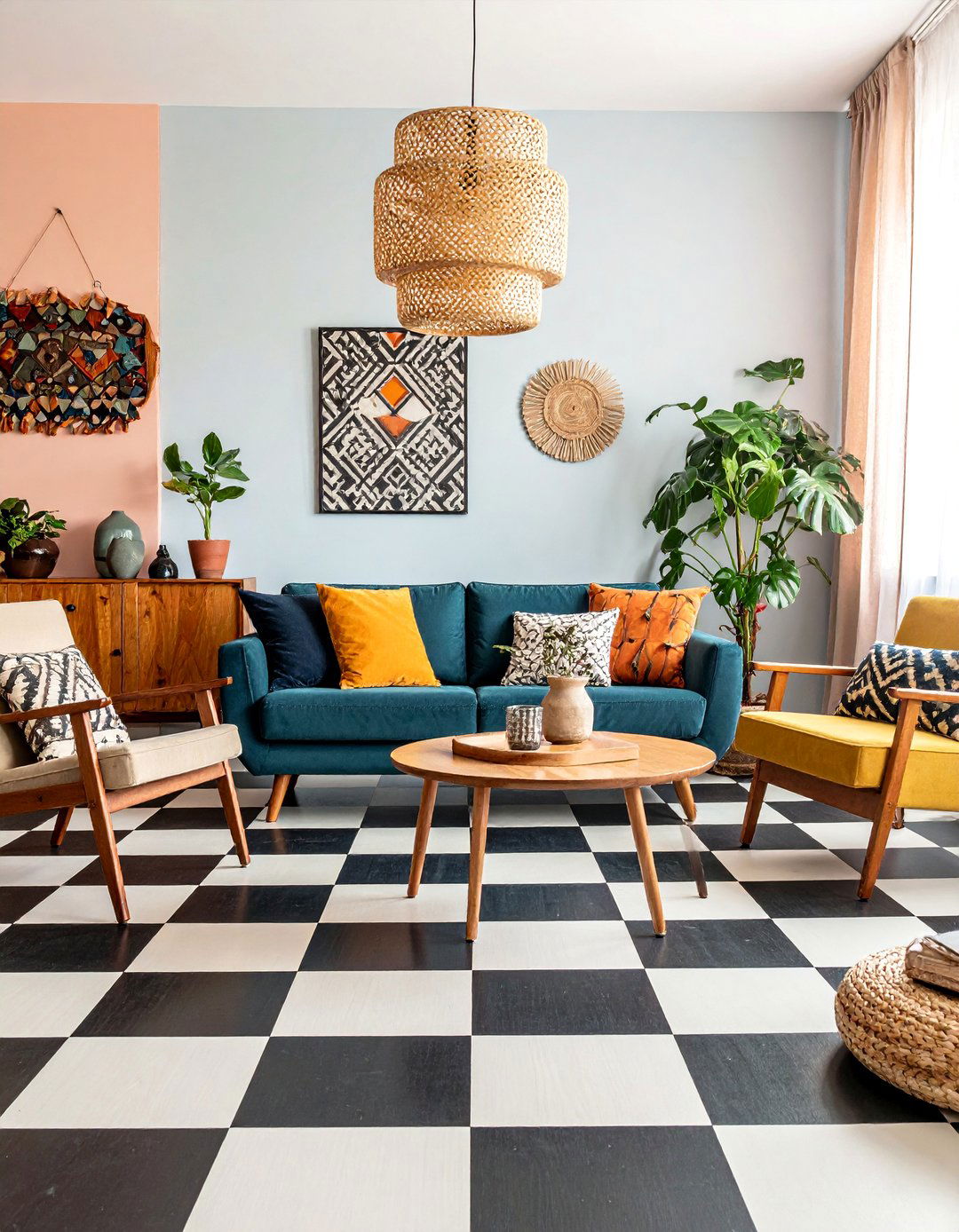 Checkerboard Pattern Primitive Floor Design - 25 Primitive Living Room Ideas