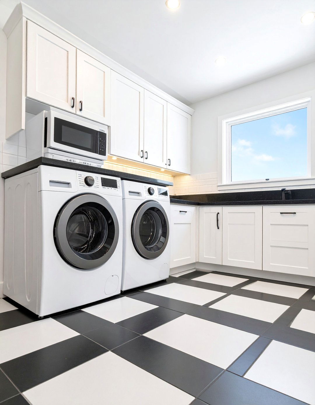 Checkerboard Vinyl Flooring with White Cabinetry - 25 Black and White Laundry Room Ideas