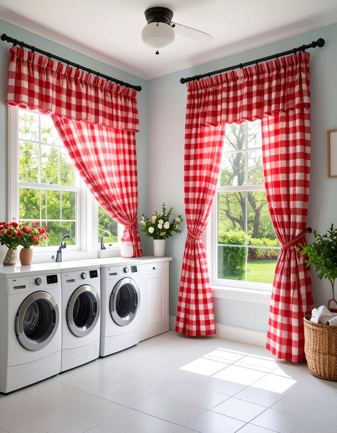 Cheerful Gingham Tier Curtains - 25 Laundry Room Curtain Ideas