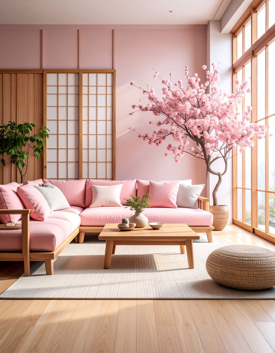 Cherry Blossom Pink Sofa with Japanese Zen - 25 Pink Couch Living Room Ideas