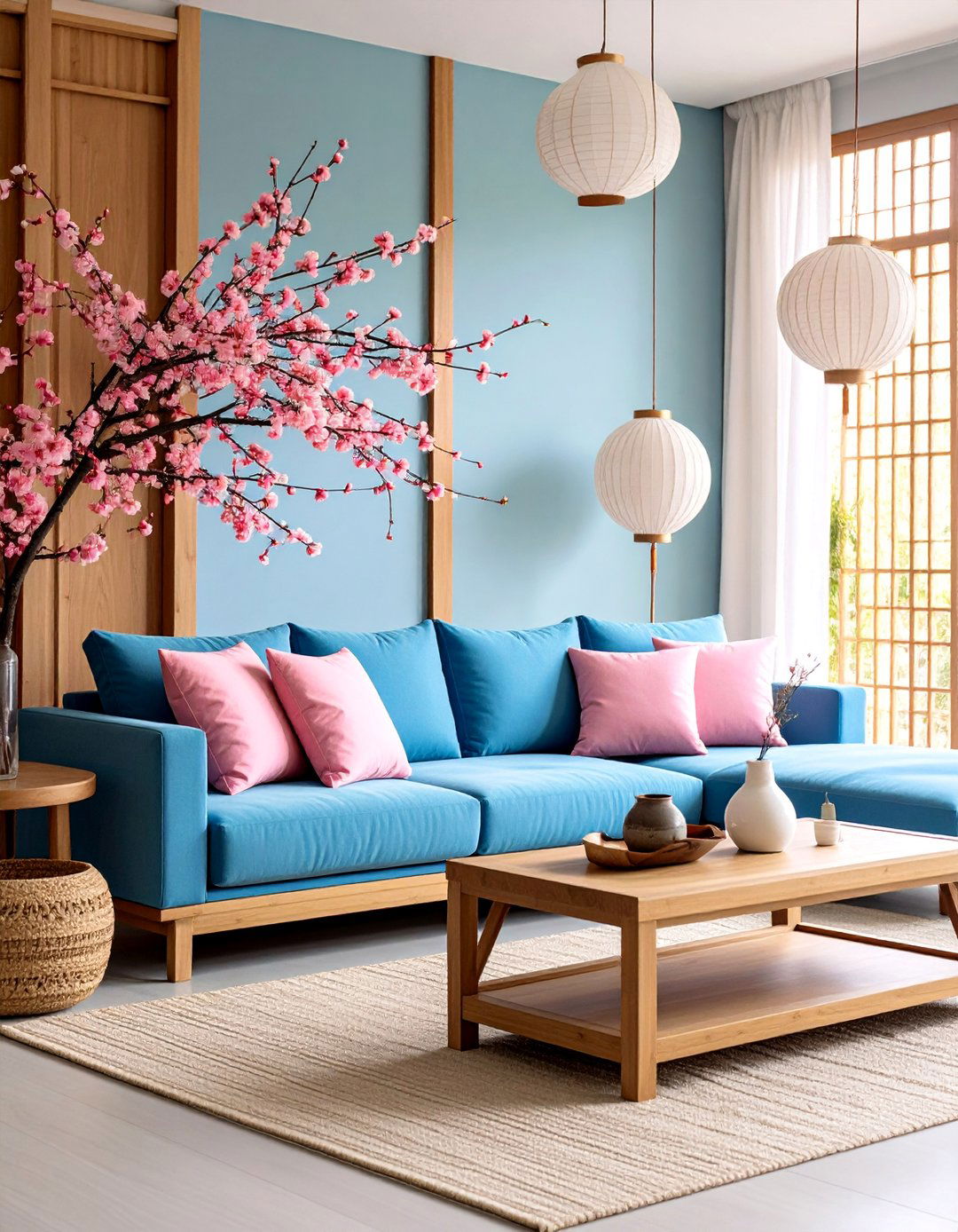 Cherry Blossom Pink with Ocean Blue - 25 Pink and Blue Living Room Ideas