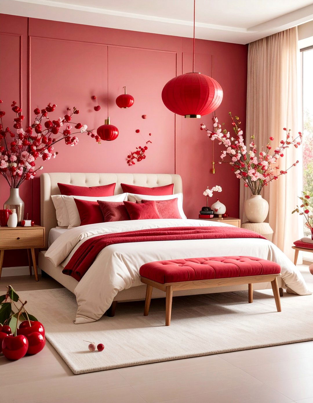 Cherry Themed Maximalist Bedroom with Bold Color Blocking - 25 Dreamy Bedroom Design Ideas