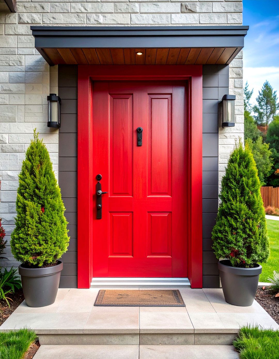 Cherry Wood Red Door with Modern Minimalist Hardware - 25 Dark Red Front Door Ideas