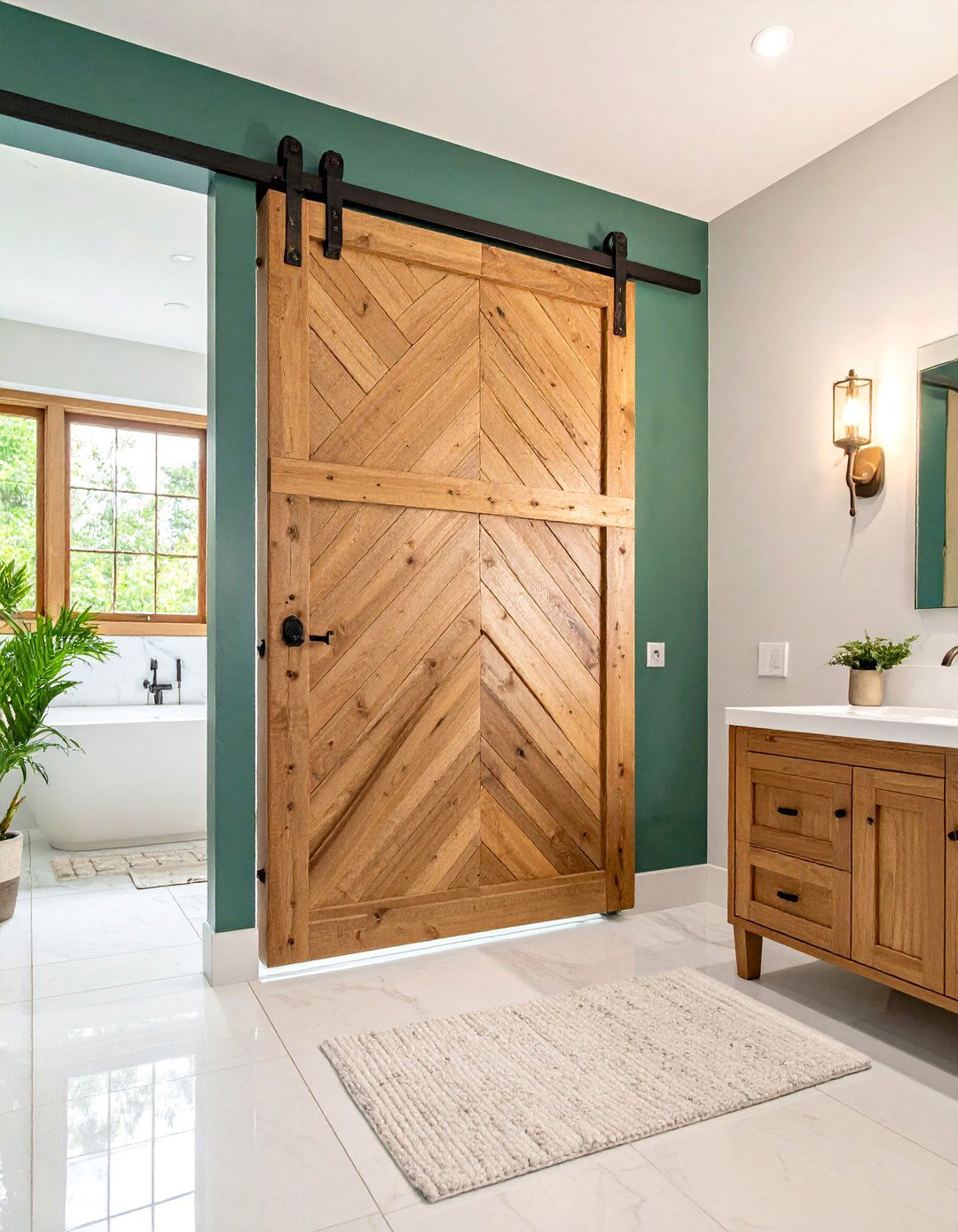 Chevron Pattern Barn Door with Brushed Bronze Hardware - 25 Bathroom Barn Door Ideas