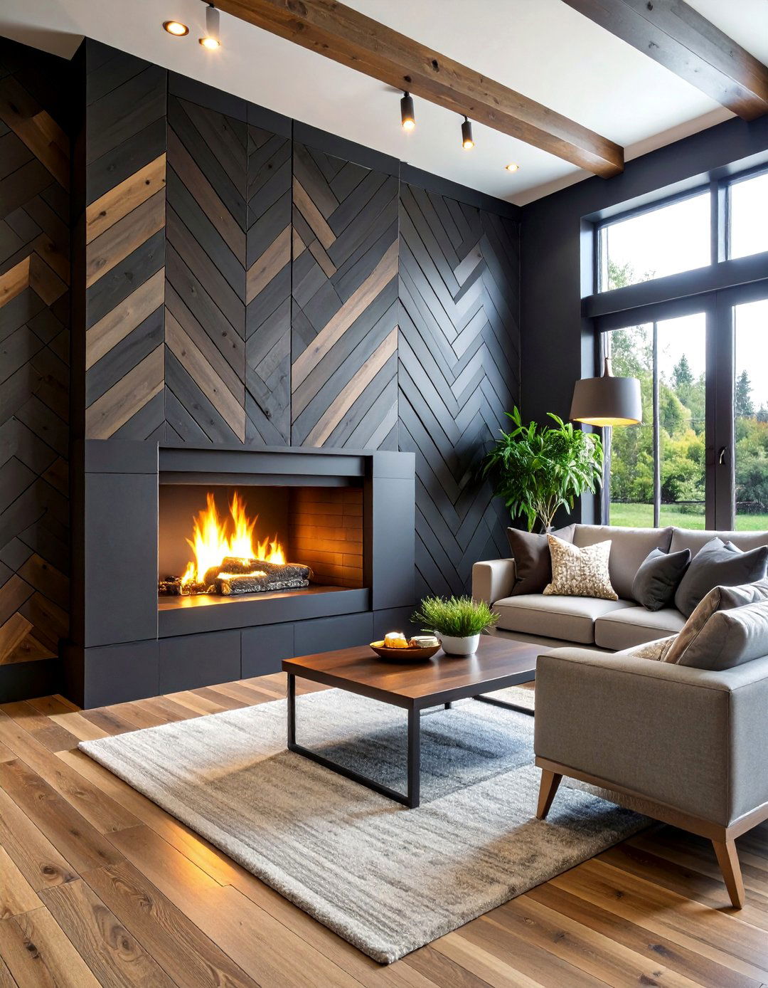 Chevron Pattern Black Shiplap Fireplace - 25 Black Shiplap Fireplace Ideas