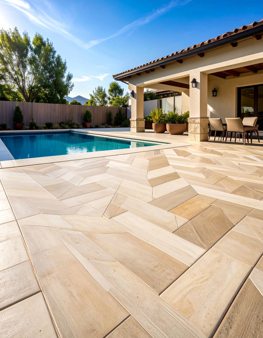 Chevron Pattern Stamped Concrete Deck - 25 Concrete Pool Deck Ideas