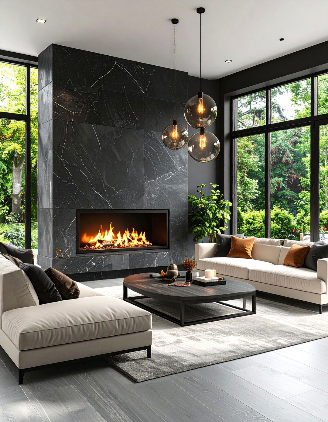 Chic Black Framed Faux Stone Fireplace in Urban Condo - 25 Faux Stone Fireplace Ideas
