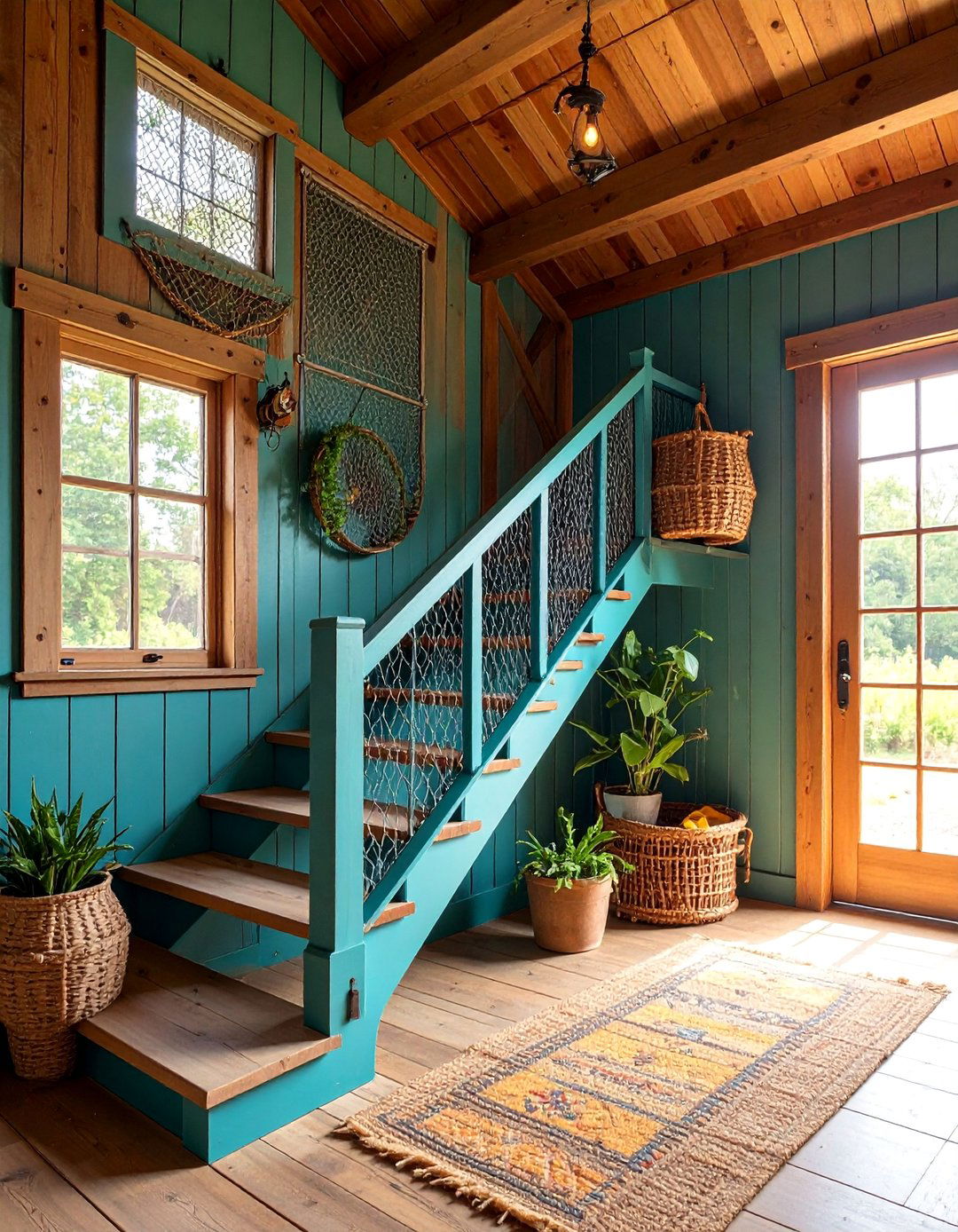 Chicken Wire Mesh with Barnwood Framing - 25 Farmhouse Rustic Stair Railing Ideas
